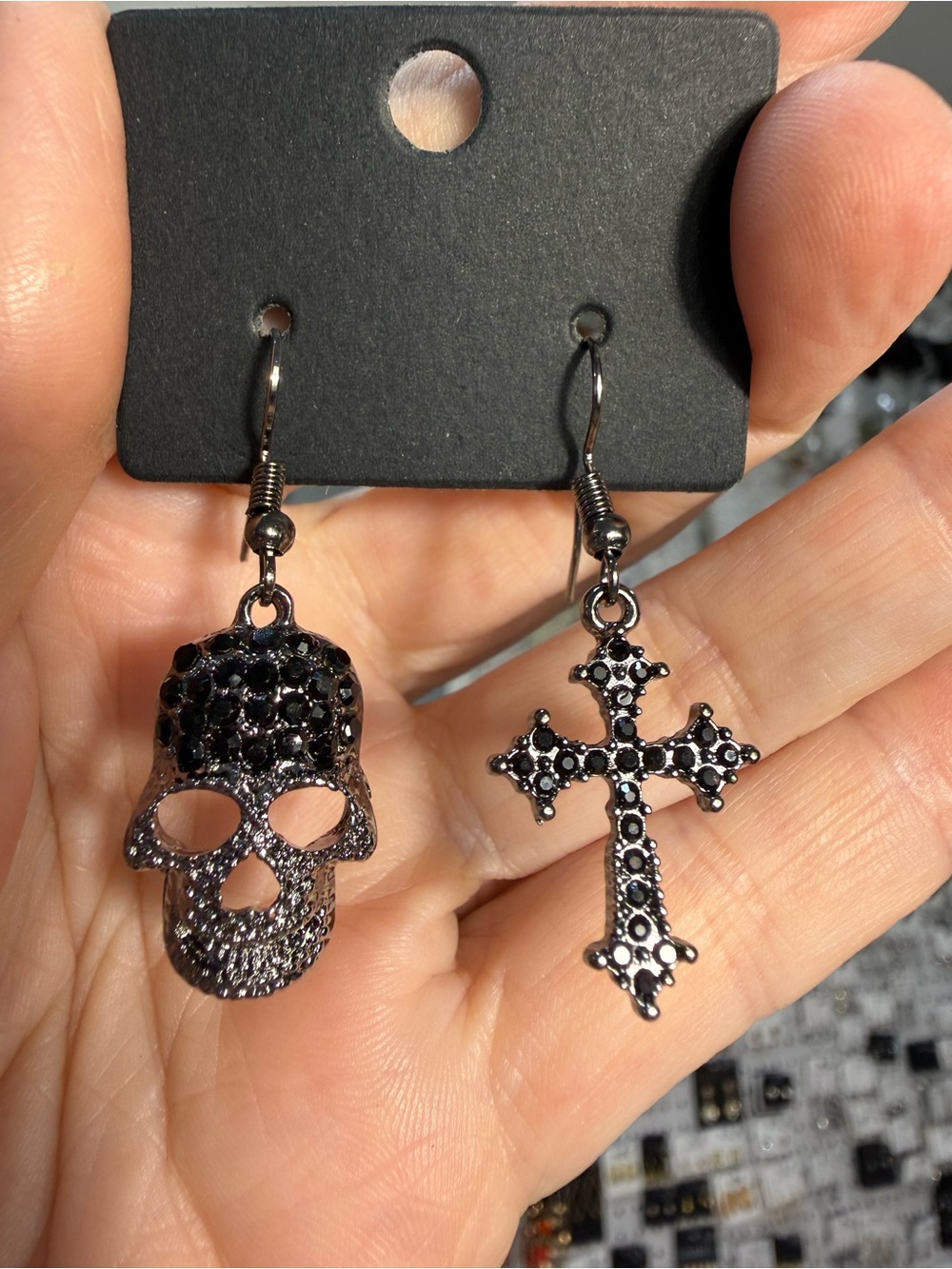 Skull and Cross Pendant Dangle Earrings - Black Crystal